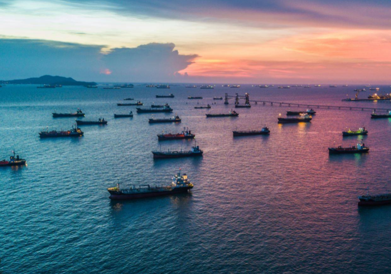 Container ships waiting in harbor due to unprecedented congestion