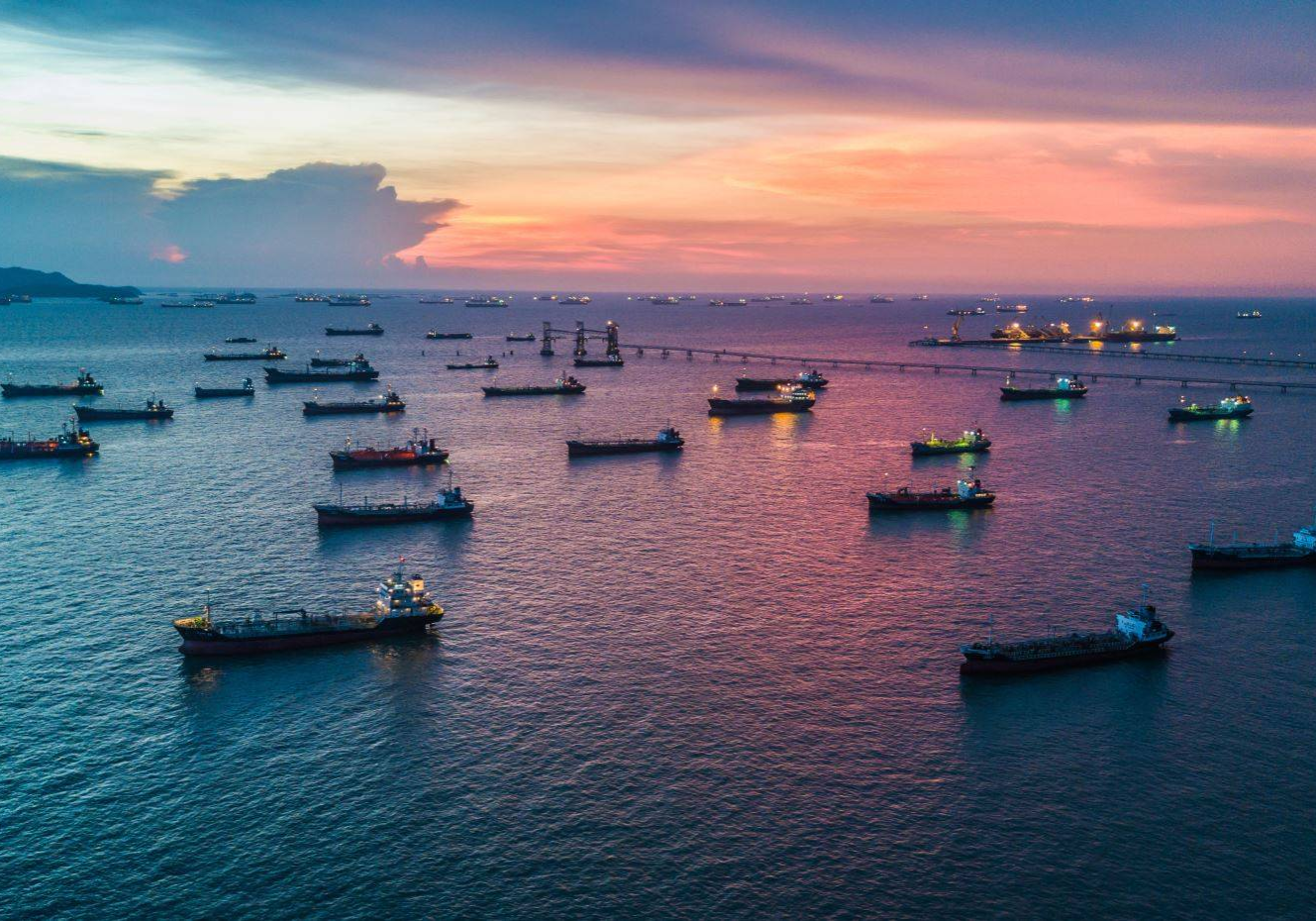 Container ships waiting in harbor due to unprecedented congestion